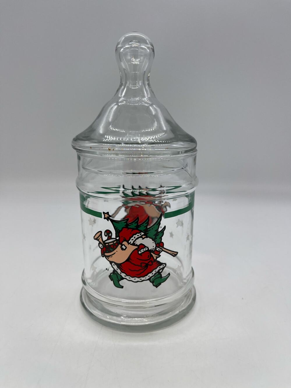 1990 Santa Glass Candy Jar with Lid Made by CHD 6" Tall Christmas Tree Toy Decor